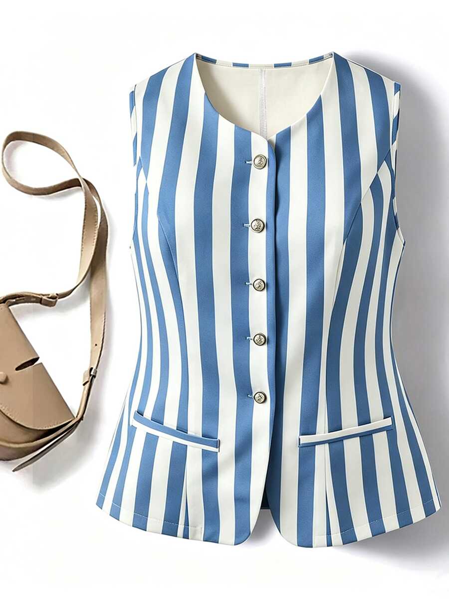 GlowEve CURVE Plus Size Women Elegant Refined Versatile Blue And White Striped Sleeveless Tank Top - Blue - View 1