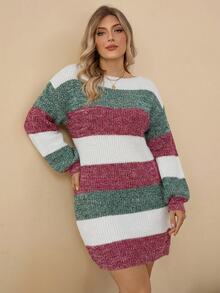 Rosumi Plus Size Women White Autumn Sequin Smart Casual Everyday Multicolor Boat Neck Lantern Sleeve Knit Warm Loose Pullover Sweater Dress,Thanksgiving - Multicolor - View 9
