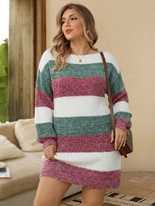 Rosumi Plus Size Women White Autumn Sequin Smart Casual Everyday Multicolor Boat Neck Lantern Sleeve Knit Warm Loose Pullover Sweater Dress,Thanksgiving - Multicolor - View 8
