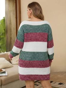 Rosumi Plus Size Women White Autumn Sequin Smart Casual Everyday Multicolor Boat Neck Lantern Sleeve Knit Warm Loose Pullover Sweater Dress,Thanksgiving - Multicolor - View 5