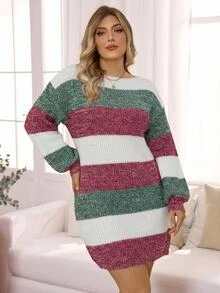 Rosumi Plus Size Women White Autumn Sequin Smart Casual Everyday Multicolor Boat Neck Lantern Sleeve Knit Warm Loose Pullover Sweater Dress,Thanksgiving - Multicolor - View 2