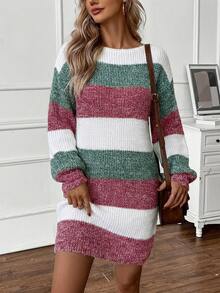 Rosumi Plus Size Women White Autumn Sequin Smart Casual Everyday Multicolor Boat Neck Lantern Sleeve Knit Warm Loose Pullover Sweater Dress,Thanksgiving - Multicolor - View 6