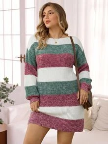 Rosumi Plus Size Women White Autumn Sequin Smart Casual Everyday Multicolor Boat Neck Lantern Sleeve Knit Warm Loose Pullover Sweater Dress,Thanksgiving - Multicolor - View 1