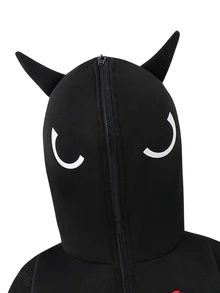 SHEIN 小男孩休閒舒適連帽拉鍊運動衫，蝙蝠圖案，時尚運動衫，萬聖節秋季校園聖誕節 - 黑色 - 查看 7