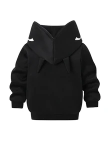 SHEIN 小男孩休閒舒適連帽拉鍊運動衫，蝙蝠圖案，時尚運動衫，萬聖節秋季校園聖誕節 - 黑色 - 查看 5
