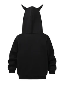 SHEIN 小男孩休閒舒適連帽拉鍊運動衫，蝙蝠圖案，時尚運動衫，萬聖節秋季校園聖誕節 - 黑色 - 查看 6