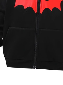 SHEIN 小男孩休閒舒適連帽拉鍊運動衫，蝙蝠圖案，時尚運動衫，萬聖節秋季校園聖誕節 - 黑色 - 查看 8