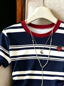 Rafferiza 女款學院風可愛運動上衣，夏季，圖案多色條紋海軍藍與白色草莓印花，甜美穿搭，學生，T恤度假 - 彩色 - 查看 3