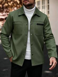 Manfinity CasualCool 男士純色休閒夾克，適合秋冬穿著 - 軍綠色 - 查看 5