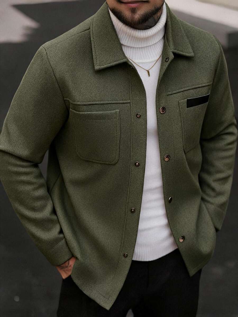 Manfinity CasualCool 男士純色休閒夾克,適合秋冬穿著 - 軍綠色 - 查看 1