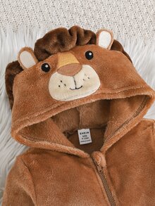 SHEIN 男嬰卡通獅子圖案拼色連帽連腳秋冬連身衣 - 棕色 - 查看 4