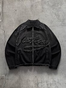 AXEPEAK 男士翻領拉鍊原邊時尚百搭日常休閒牛仔夾克 - 黑色 - 查看 5