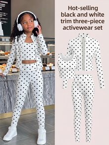 SHEIN Tween Girl 1件波點印花拉鍊夾克 + 1件內搭褲 + 1件背心上衣 - 黑與白 - 查看 1