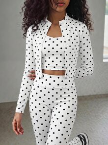 SHEIN Tween Girl 1件波點印花拉鍊夾克 + 1件內搭褲 + 1件背心上衣 - 黑與白 - 查看 14