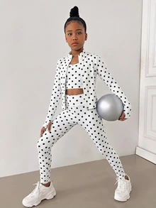 SHEIN Tween Girl 1件波點印花拉鍊夾克 + 1件內搭褲 + 1件背心上衣 - 黑與白 - 查看 12