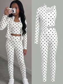 SHEIN Tween Girl 1件波點印花拉鍊夾克 + 1件內搭褲 + 1件背心上衣 - 黑與白 - 查看 13