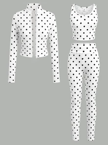 SHEIN Tween Girl 1件波點印花拉鍊夾克 + 1件內搭褲 + 1件背心上衣 - 黑與白 - 查看 2