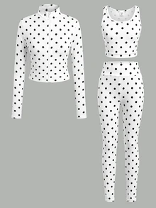 SHEIN Tween Girl 1件波點印花拉鍊夾克 + 1件內搭褲 + 1件背心上衣 - 黑與白 - 查看 3