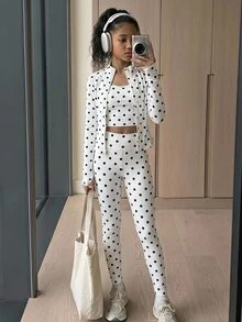 SHEIN Tween Girl 1件波點印花拉鍊夾克 + 1件內搭褲 + 1件背心上衣 - 黑與白 - 查看 15