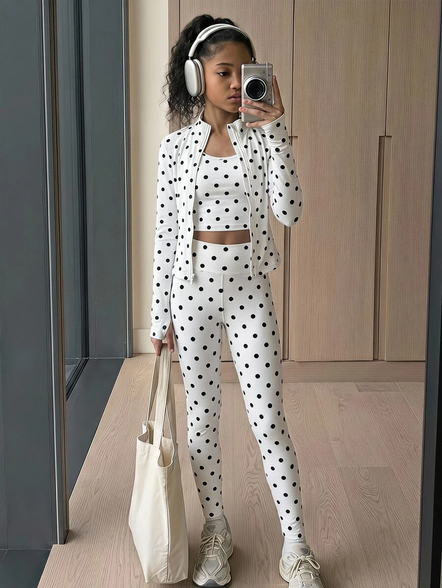 SHEIN فتاة مراهقة فتاة مراهقة فتاة مراهقة 1 قطعة جاكيت بسحاب مطبوع بنقاط & 1 قطعة سروال ضيق & 1 قطعة ملابس علوية بدون أكمام - أبيض وأسود - مشاهدة 1