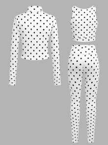 SHEIN Tween Girl 1件波點印花拉鍊夾克 + 1件內搭褲 + 1件背心上衣 - 黑與白 - 查看 4