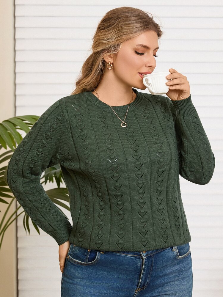 Rosumi Plus Size Women's Dark Green Autumn Elegant Everyday Knitted Floral Pattern Round-Neck Sweater Pullover,Fitted Casual Winter Base Layer,Fall - Army Green - View 3