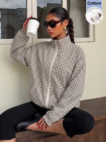 Muchica Jaket Kasual Motif Kotak-kotak dengan Bahu Longgar - Khaki - View 6