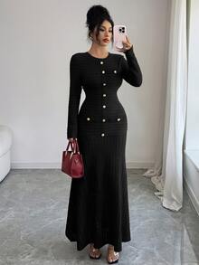 Modelyn 女款黑色秋季優雅辦公室粗花呢長洋裝，冬季酒紅色橢圓領鈕扣式長洋裝，圓領長袖金色鈕扣 - 黑色 - 查看 6