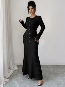Modelyn 女款黑色秋季優雅辦公室粗花呢長洋裝，冬季酒紅色橢圓領鈕扣式長洋裝，圓領長袖金色鈕扣 - 黑色 - 查看 8
