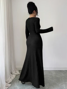 Modelyn 女款黑色秋季優雅辦公室粗花呢長洋裝，冬季酒紅色橢圓領鈕扣式長洋裝，圓領長袖金色鈕扣 - 黑色 - 查看 3