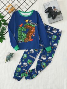 SHEIN 2件組兒童青少年男孩休閒日常舒適印花圓領套頭睡衣上衣與長褲針織居家服修身套裝 - 藏蓝色 - 查看 6