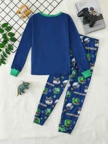 SHEIN 2件組兒童青少年男孩休閒日常舒適印花圓領套頭睡衣上衣與長褲針織居家服修身套裝 - 藏蓝色 - 查看 2