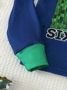 SHEIN 2件組兒童青少年男孩休閒日常舒適印花圓領套頭睡衣上衣與長褲針織居家服修身套裝 - 藏蓝色 - 查看 3