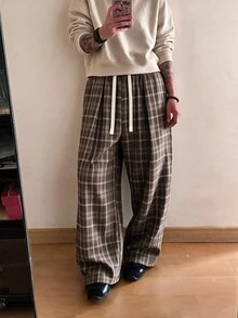 STEELVANCE 男士休閒寬鬆格紋長褲 - 咖啡棕 - 查看 1