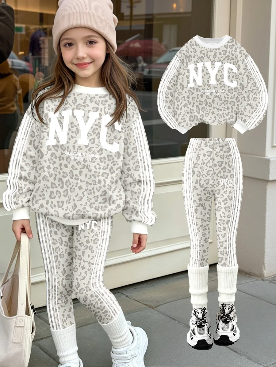 女童時尚簡約條紋拼接灰白豹紋 NYC 圖案圓領衛衣與灰白豹紋條紋內搭褲套裝 - 彩色 - 查看 1