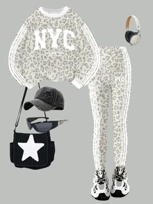 女童時尚簡約條紋拼接灰白豹紋 NYC 圖案圓領衛衣與灰白豹紋條紋內搭褲套裝 - 彩色 - 查看 3
