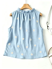 GlowEve CURVE Summer Fashion Casual Vacation French Vintage Elegant Commute Drawstring Tie Floral Print Blouse - Baby Blue - View 2