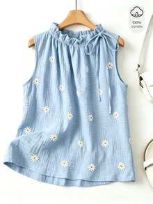 GlowEve CURVE Summer Fashion Casual Vacation French Vintage Elegant Commute Drawstring Tie Floral Print Blouse - Baby Blue - View 3