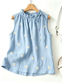 GlowEve CURVE Summer Fashion Casual Vacation French Vintage Elegant Commute Drawstring Tie Floral Print Blouse - Baby Blue - View 6