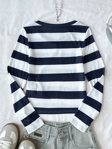 SHEIN 青少年女孩條紋刺繡簡約時尚開學舒適長袖上衣 秋冬款 - 彩色 - 查看 10