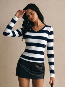 SHEIN 青少年女孩條紋刺繡簡約時尚開學舒適長袖上衣 秋冬款 - 彩色 - 查看 5