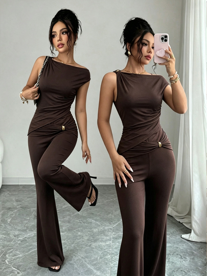 SHEIN Raffinéa Women's Solid Color Asymmetric Neck Asymmetric Hem Top And Flare Pants Elegant 2 Pieces Set