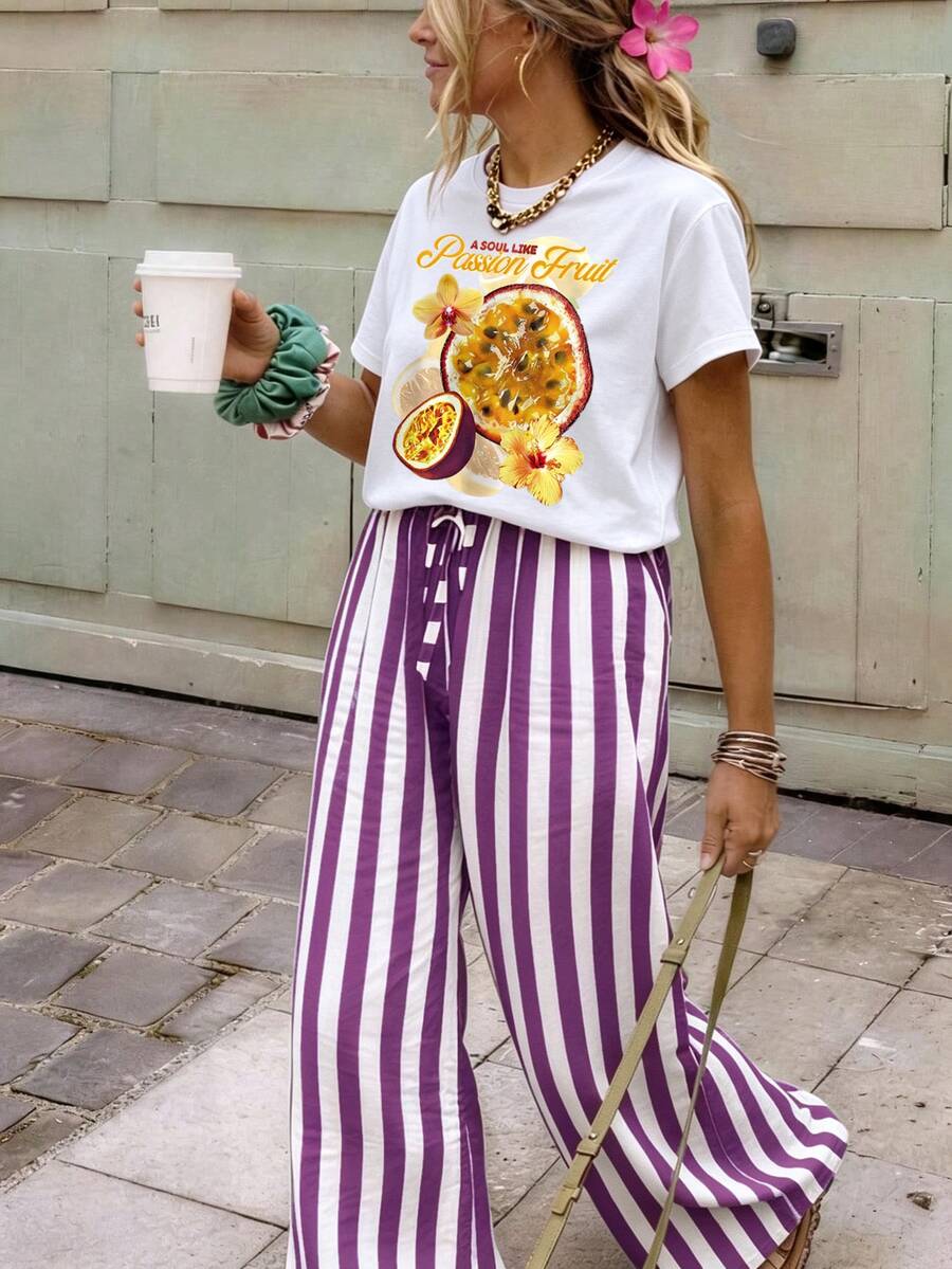 DrmWander 女款萬聖節 Treat Yourself 圖案短袖 T-shirt,南瓜糖果印花圓領休閒寬鬆版型秋季節日上衣 - 白色 - 查看 1