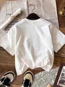 DrmWander 女款萬聖節 Treat Yourself 圖案短袖 T-shirt，南瓜糖果印花圓領休閒寬鬆版型秋季節日上衣 - 白色 - 查看 2