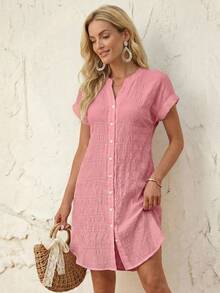 EMERY ROSE Women's Dusty Pink Solid Color Textured Button Short Sleeve Casual Short Dress, Summer/ Vacation - Pink - View 3