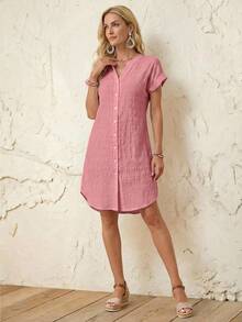 EMERY ROSE Women's Dusty Pink Solid Color Textured Button Short Sleeve Casual Short Dress, Summer/ Vacation - Pink - View 7