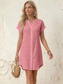 EMERY ROSE Women's Dusty Pink Solid Color Textured Button Short Sleeve Casual Short Dress, Summer/ Vacation - Pink - View 5