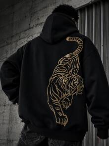 Manfinity Dauomo Men's Tiger Print Pattern Hoodie - Black - View 5
