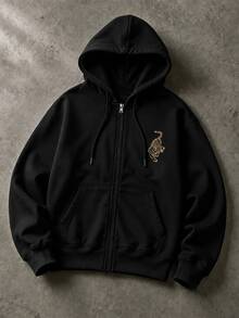 Manfinity Dauomo Men's Tiger Print Pattern Hoodie - Black - View 2