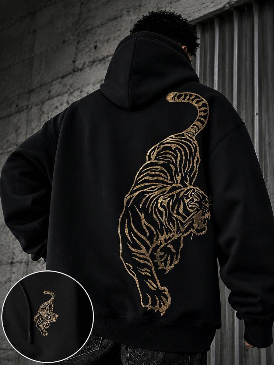Manfinity Dauomo Men's Tiger Print Pattern Hoodie - Black - View 1